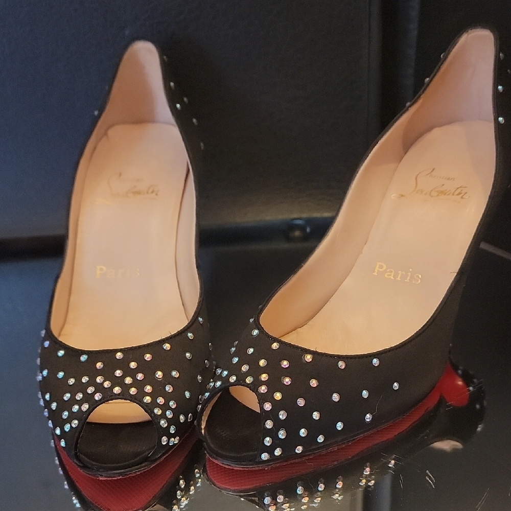 Christian Louboutin Black Satin and  Rinstone, Peep-Toe Heels. 3in Heel Sz38
